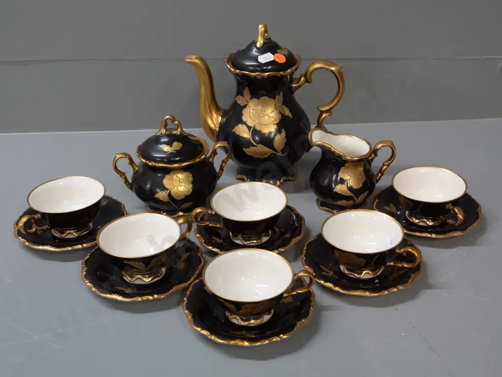 Waldershof Bavarian coffee set, heavily gilded with floral and butterfly motifs - some wear to black enamel. Image 1++
