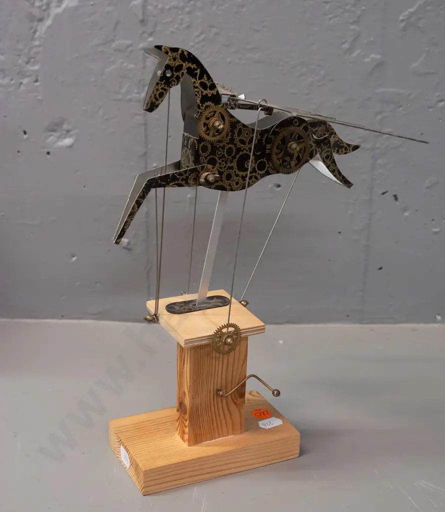 hand-crank automaton metal winged horse - marked Keith Newstead No. 16 on bottom of pine base H-290 L-190 W-280 Image 1++