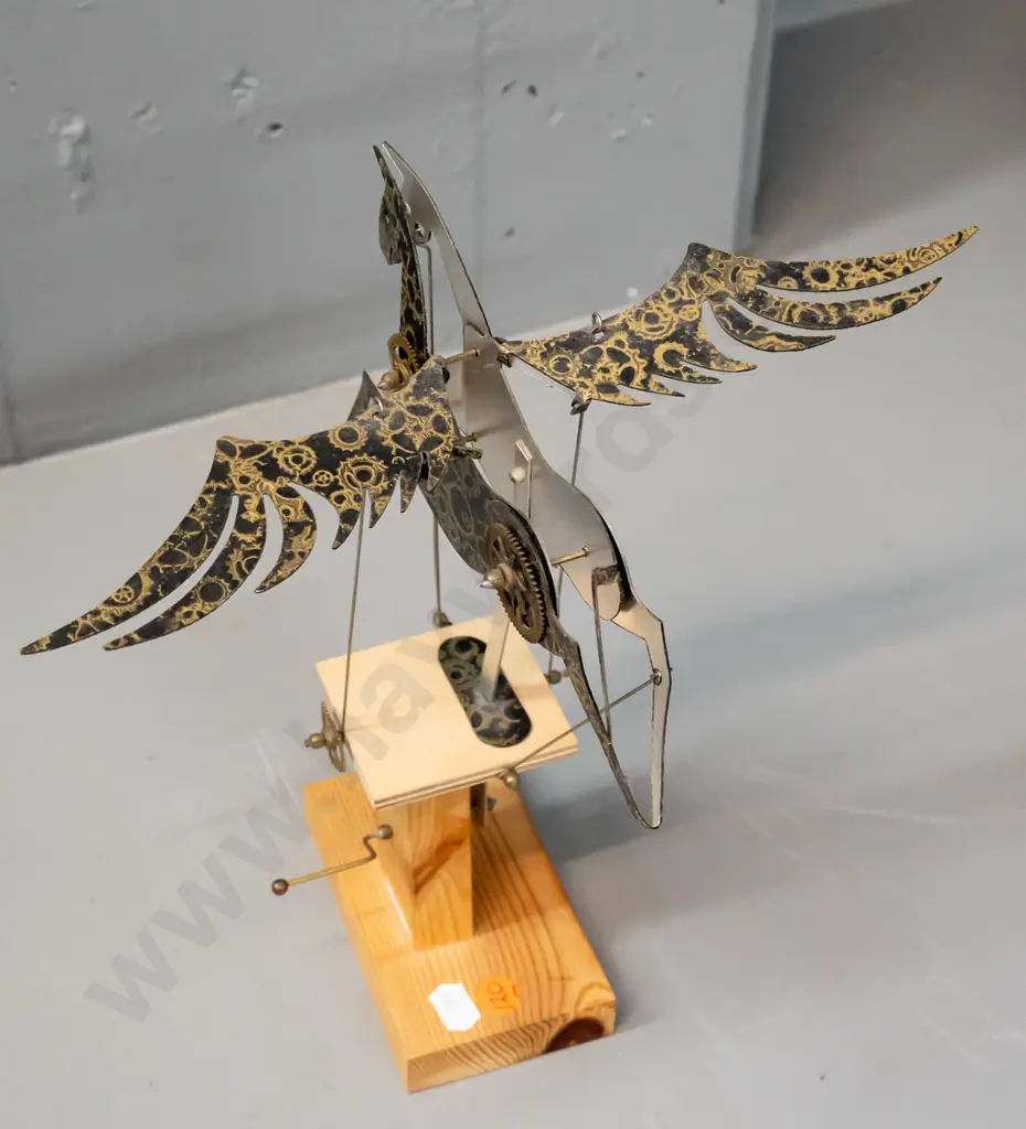 hand-crank automaton metal winged horse - marked Keith Newstead No. 16 on bottom of pine base H-290 L-190 W-280 Image 1++