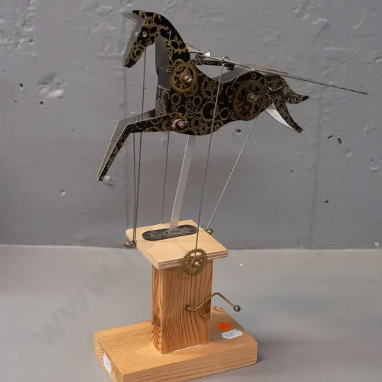 hand-crank automaton metal winged horse - marked Keith Newstead No. 16 on bottom of pine base H-290 L-190 W-280