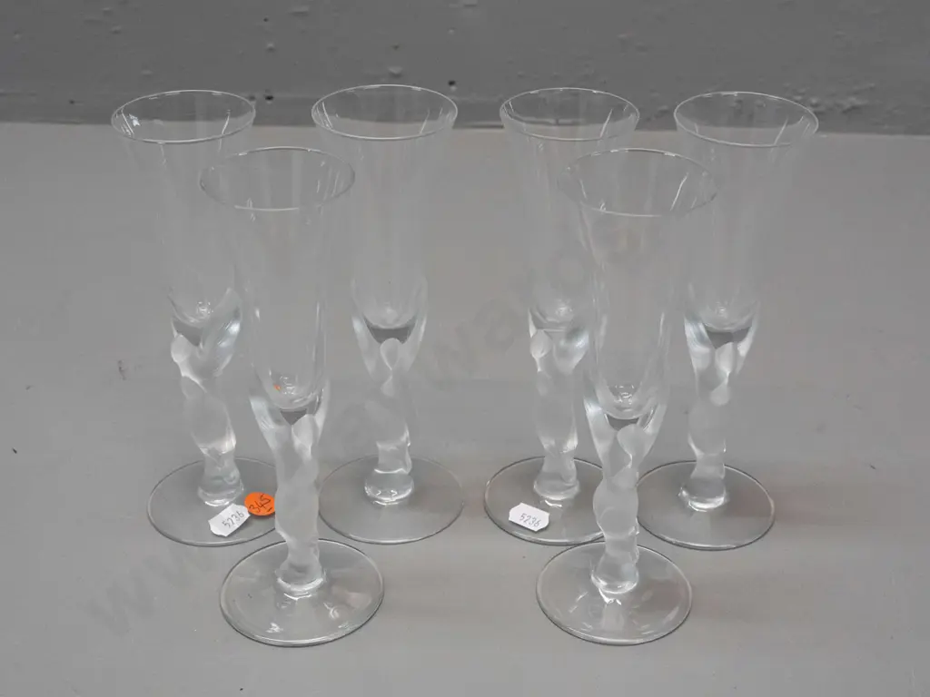 6 champagne flutes with frosted "kissing dove" stems, marked Igor Carl Faberge France H-180 Image 1++