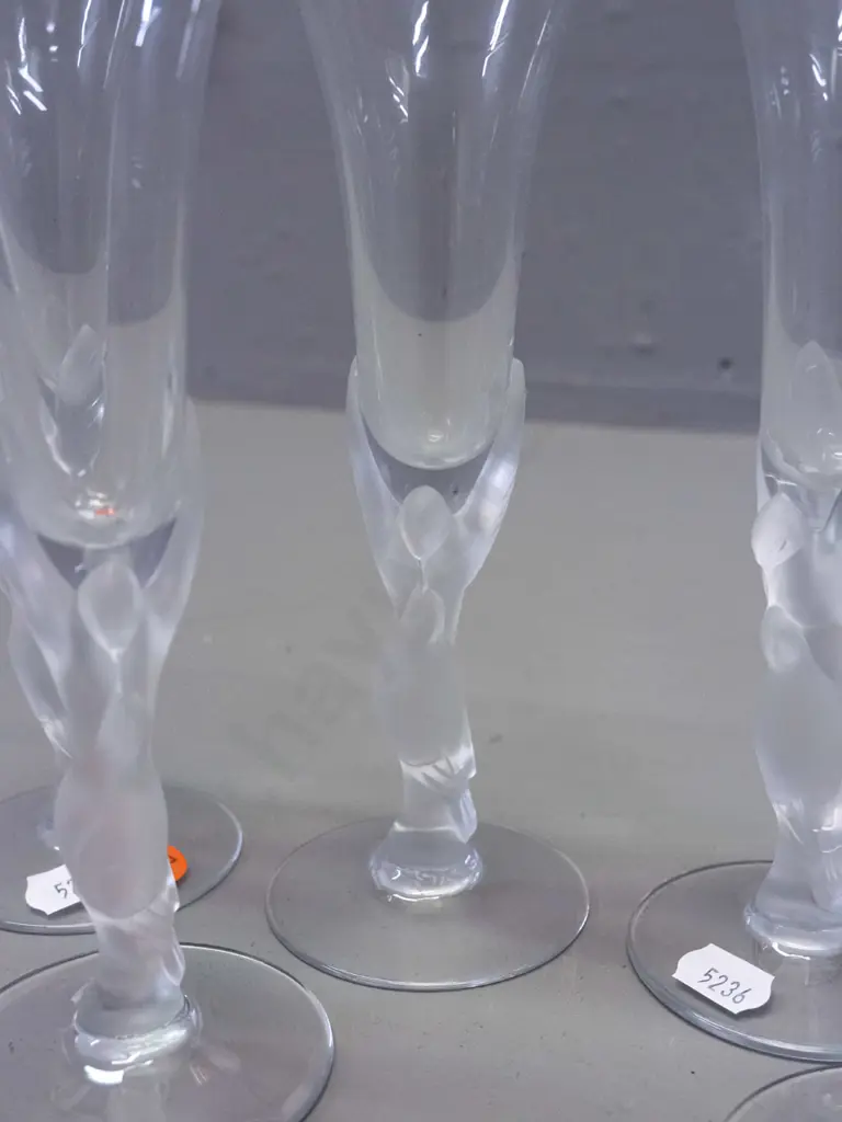 6 champagne flutes with frosted "kissing dove" stems, marked Igor Carl Faberge France H-180 Image 1++