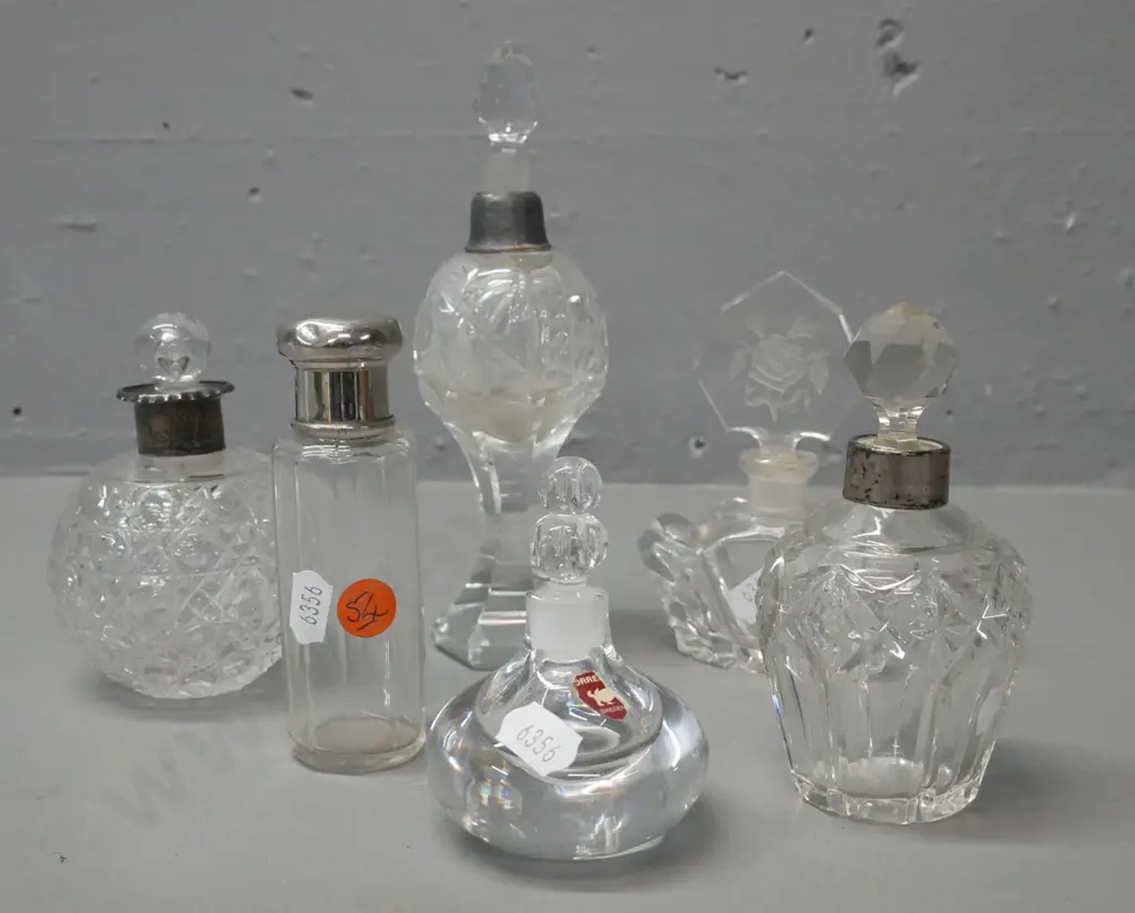 6x glass scent bottles, 2 w/ stamped hallmark silver collars, 1 w/ plated screw-on lid, 1 w/ damage to plated top, Image 1++