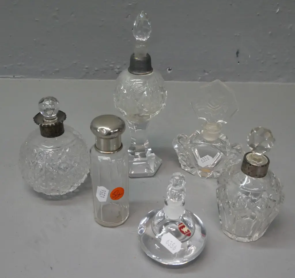 6x glass scent bottles, 2 w/ stamped hallmark silver collars, 1 w/ plated screw-on lid, 1 w/ damage to plated top, Image 1++