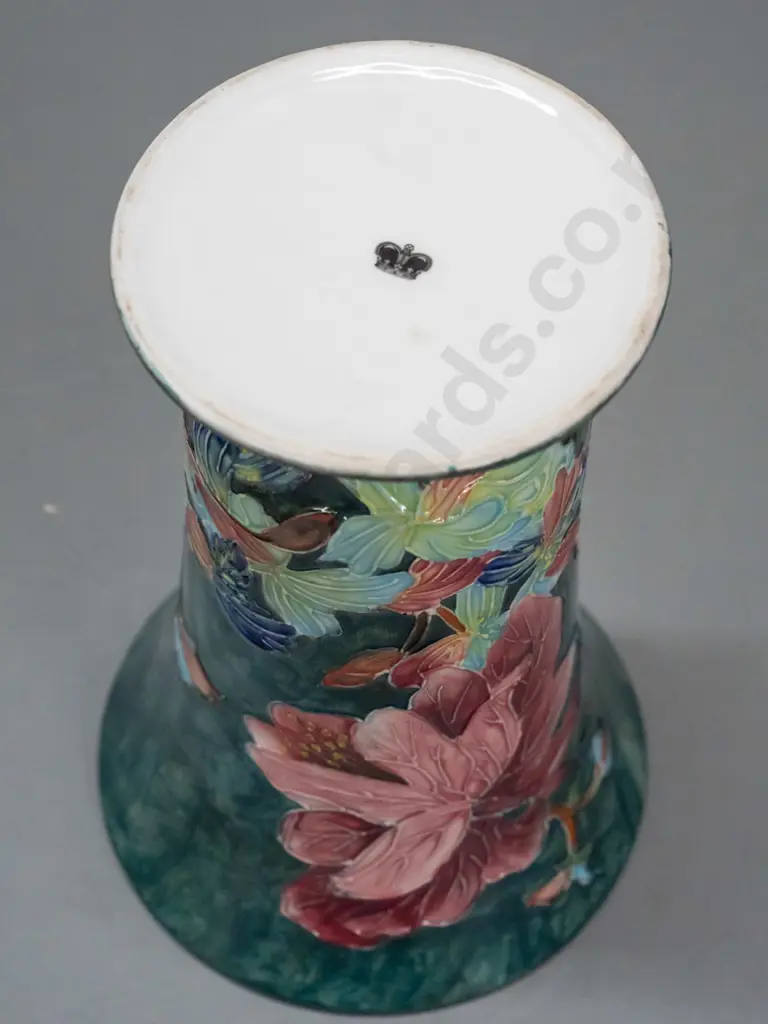 Moorcroft-style Tupton ware tube-lined floral trumpet-shaped vase. Coronet stamp to base. H-220 D-150 Image 1++