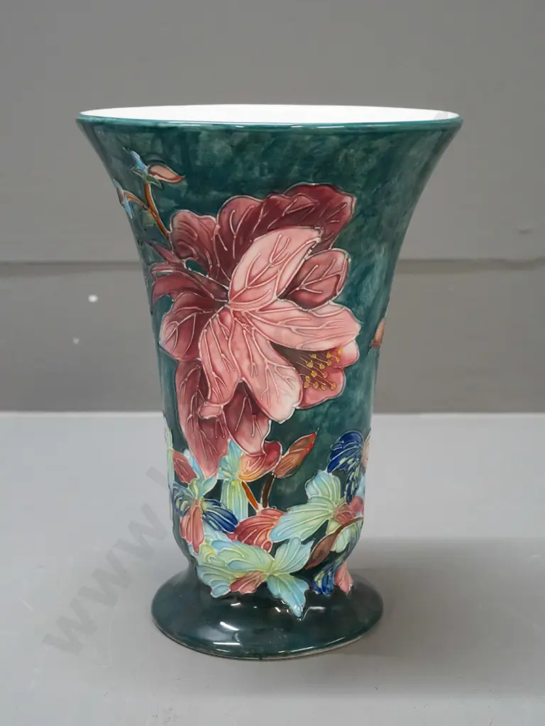 Moorcroft-style Tupton ware tube-lined floral trumpet-shaped vase. Coronet stamp to base. H-220 D-150 Image 1++