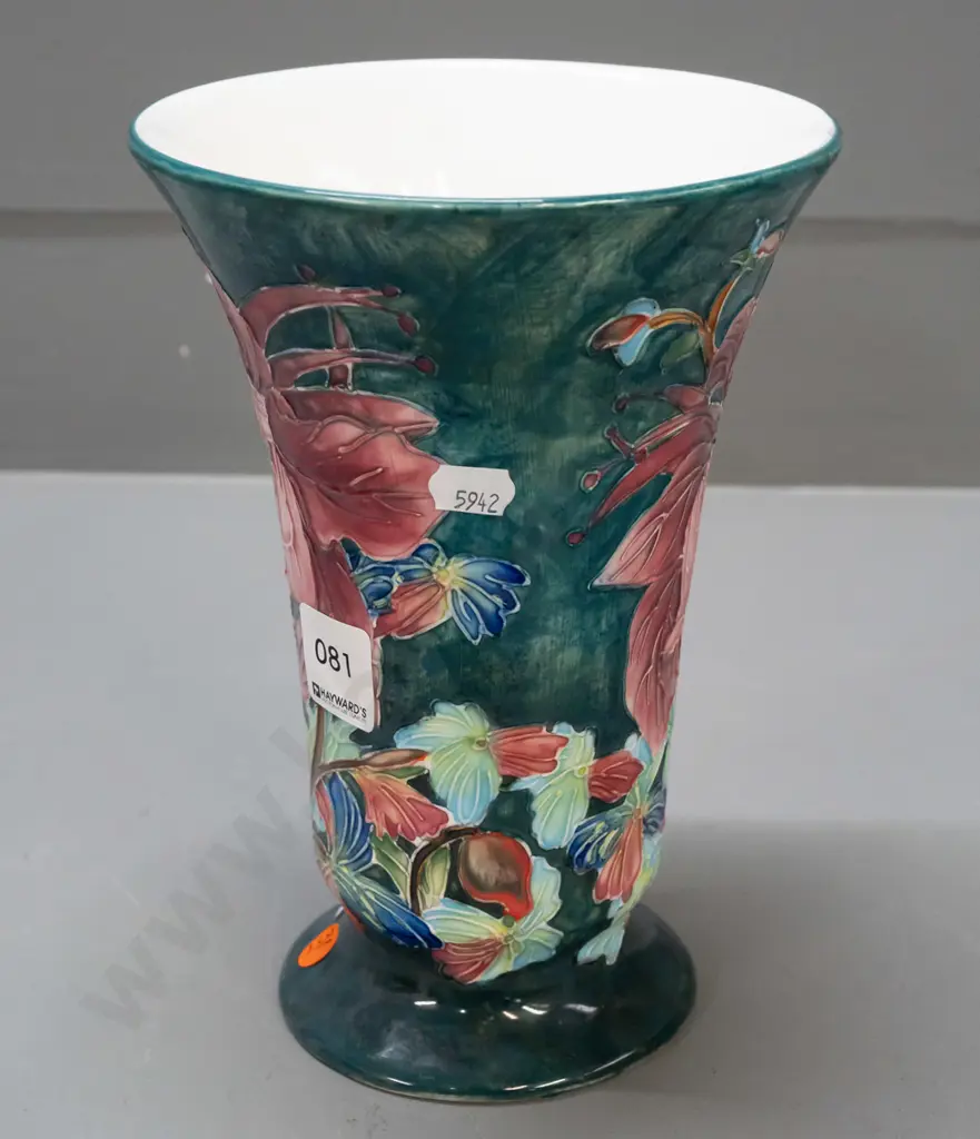 Moorcroft-style Tupton ware tube-lined floral trumpet-shaped vase. Coronet stamp to base. H-220 D-150 Image 1++