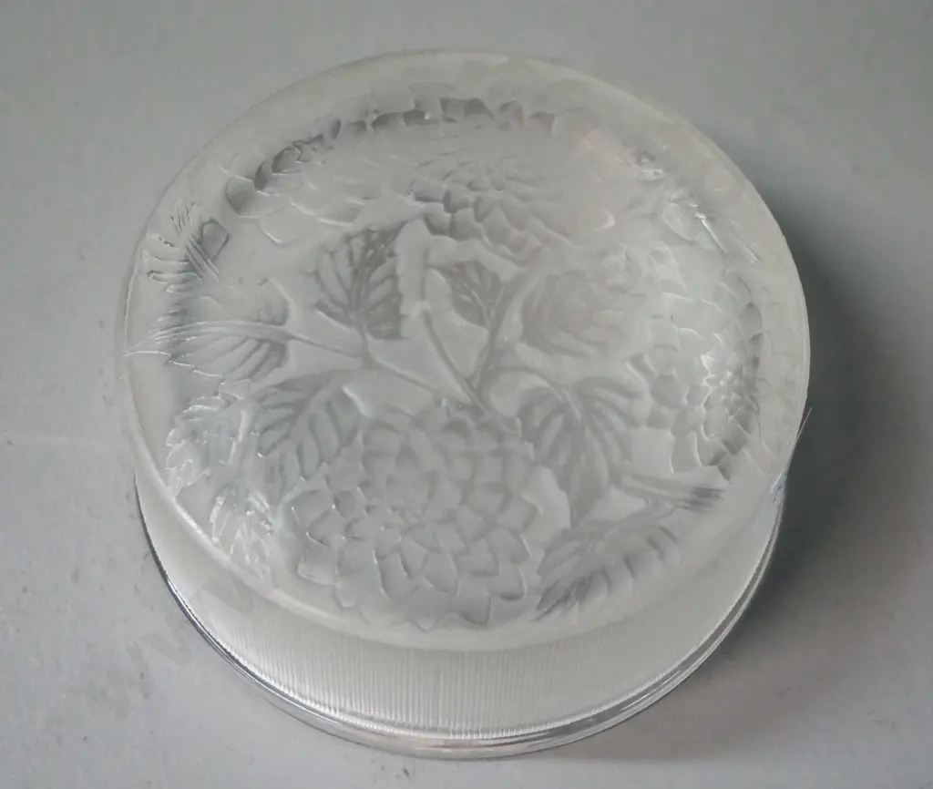 small frosted glass lidded canister with foliate and floral pattern, marked Lalique France. H-35 W-90 Image 1++