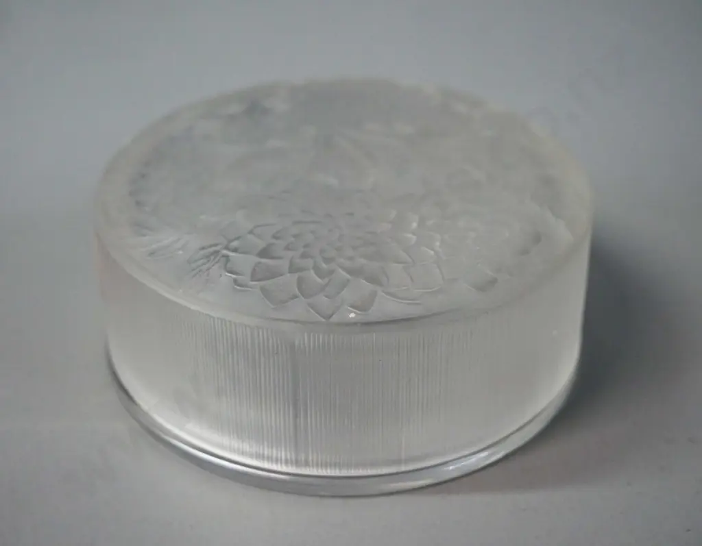 small frosted glass lidded canister with foliate and floral pattern, marked Lalique France. H-35 W-90 Image 1++