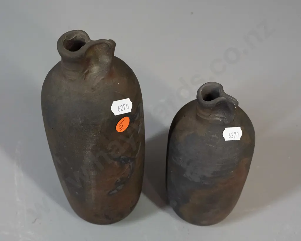2 studio pottery raku glaze bottle vases with same maker's mark, one with impressed name (Penny Evans?) Smaller one has Image 1++