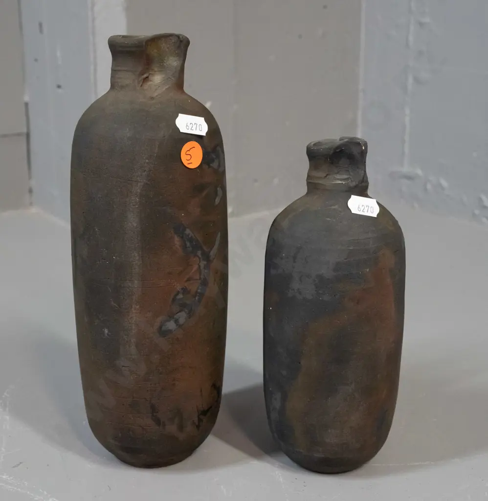 2 studio pottery raku glaze bottle vases with same maker's mark, one with impressed name (Penny Evans?) Smaller one has Image 1++