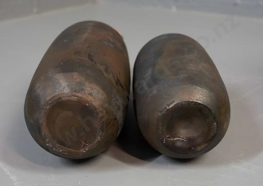 2 studio pottery raku glaze bottle vases with same maker's mark, one with impressed name (Penny Evans?) Smaller one has Image 1++