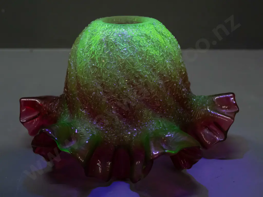 uranium glass light shade, green fading to cranberry frilled edge, rough textured outer surface - bright glow H-90 D-150 Image 1++