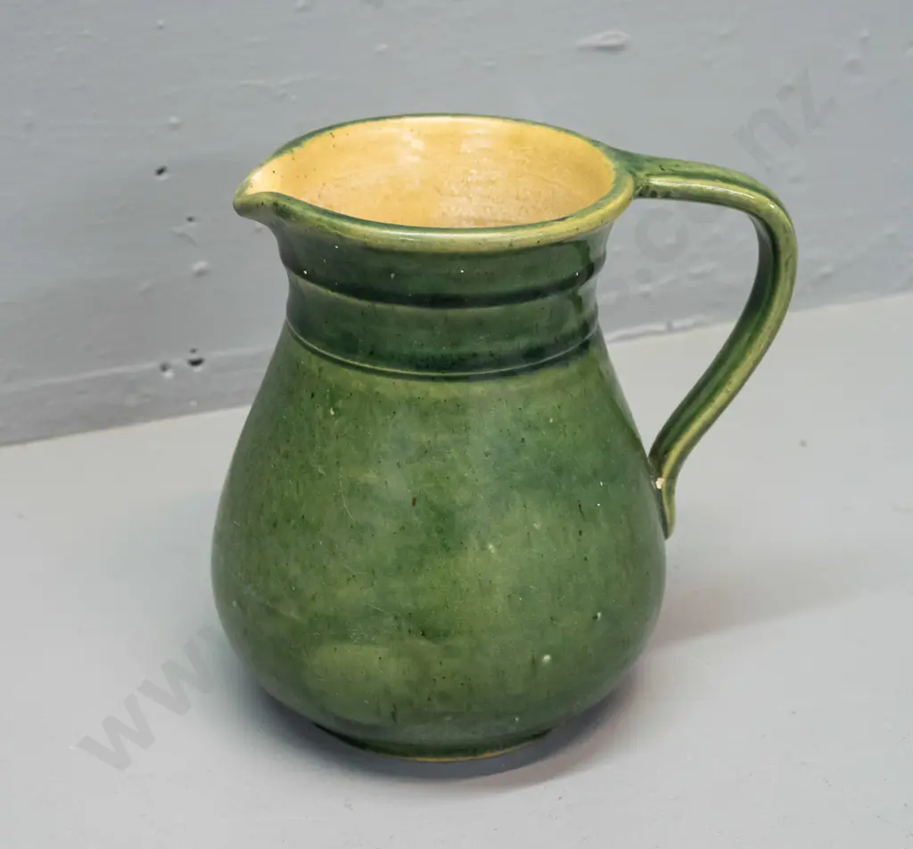 green glaze Luke Adams Christchurch pottery jug H-155 L-150 spout to handle Image 1++