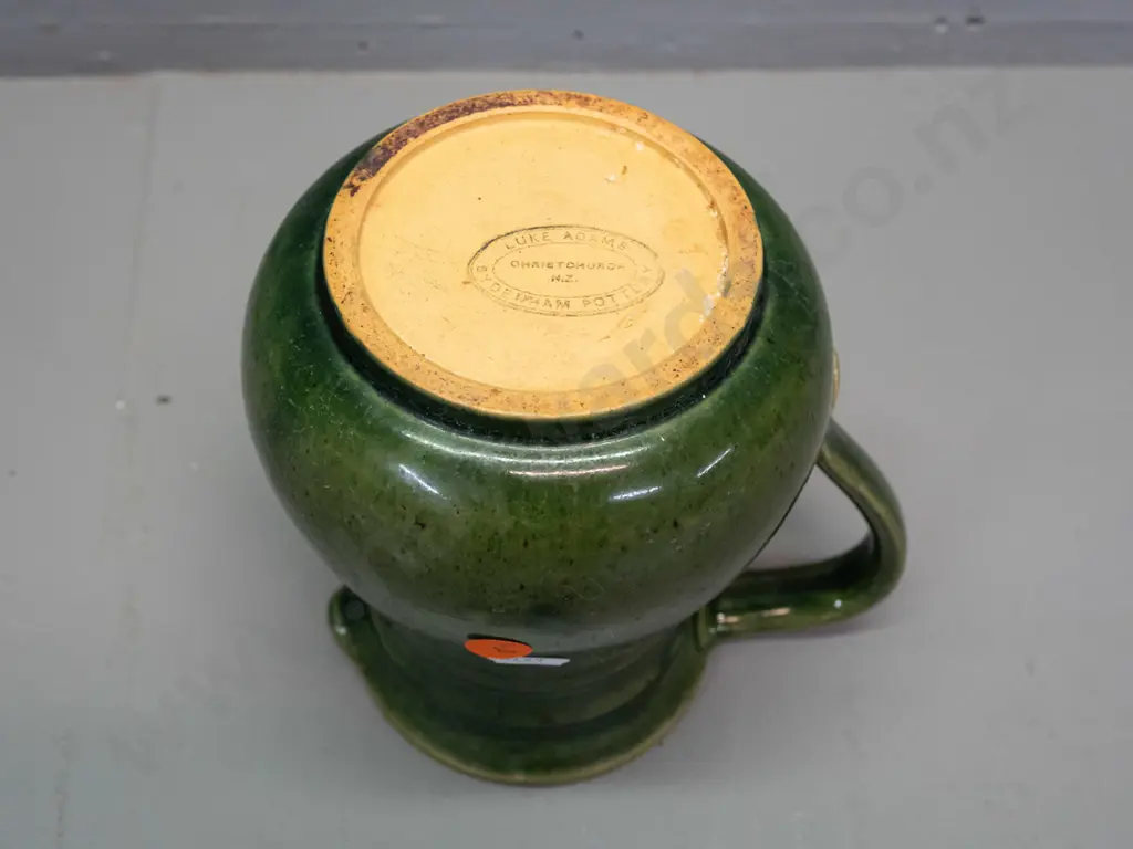 green glaze Luke Adams Christchurch pottery jug H-155 L-150 spout to handle Image 1++