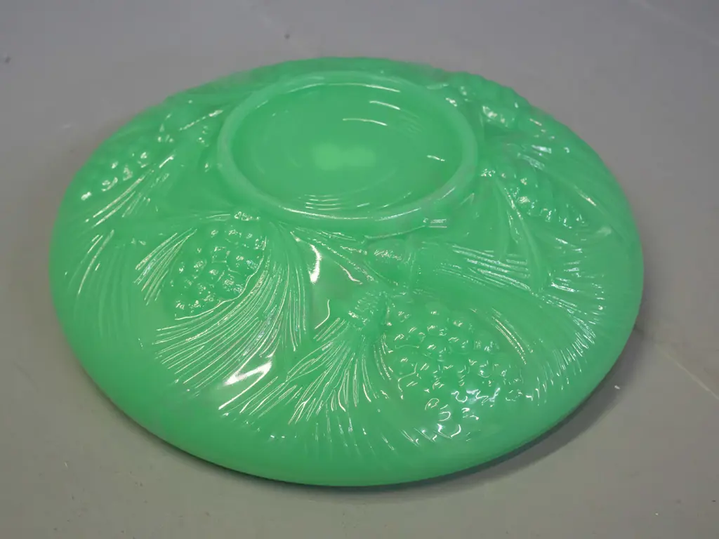 moulded opaque green uranium glass float bowl with hard to read registration number in base, a few scratches inside D250 Image 1++