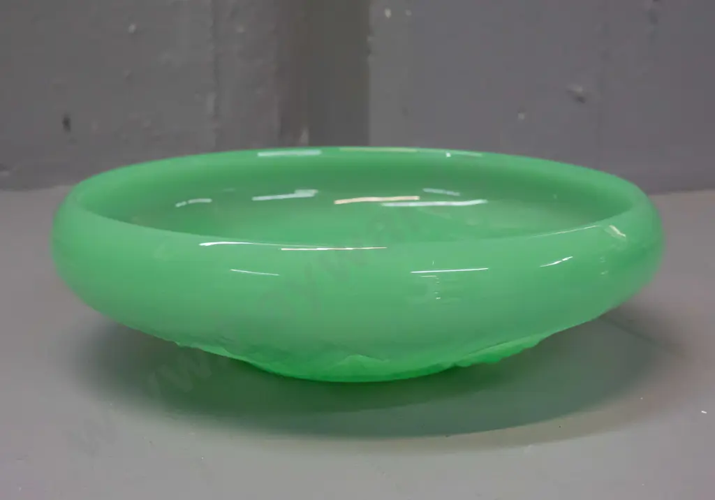 moulded opaque green uranium glass float bowl with hard to read registration number in base, a few scratches inside D250 Image 1++