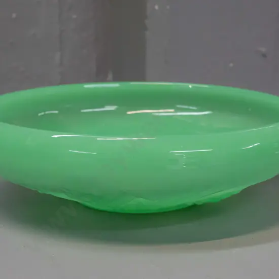 moulded opaque green uranium glass float bowl with hard to read registration number in base, a few scratches inside D250