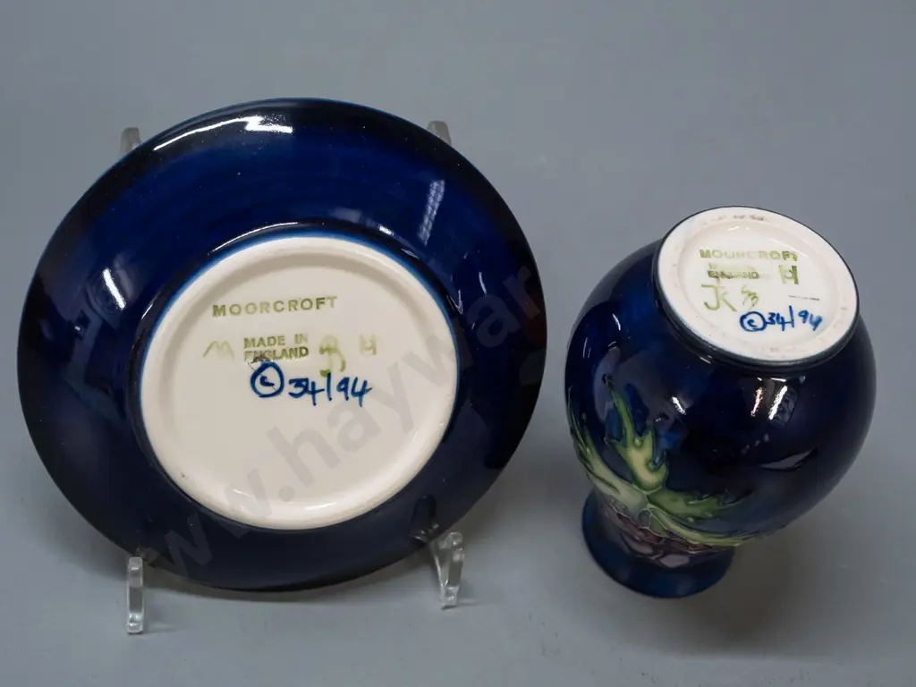 small tube-lined Moorcroft vase and pin dish. Floral decoration. Cobalt blue. Vase H-100 Image 1++