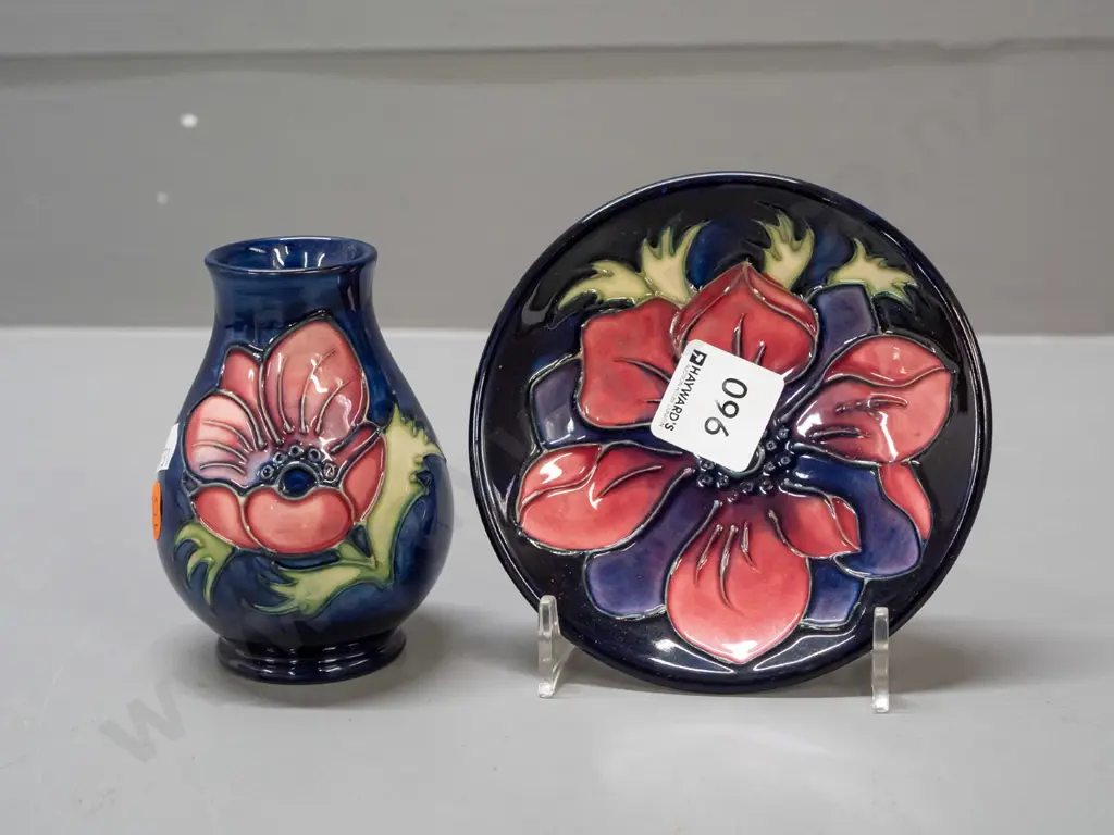 small tube-lined Moorcroft vase and pin dish. Floral decoration. Cobalt blue. Vase H-100 Image 1++