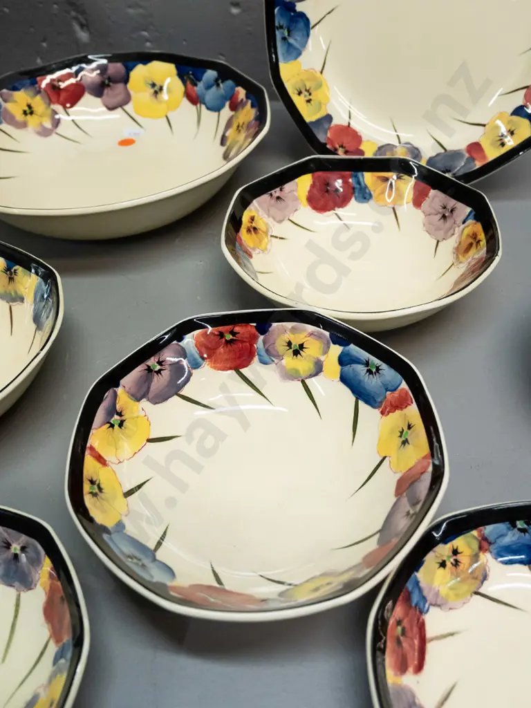 vintage Royal Doulton Pansy tableware - 1 salad bowl D240 2 cake plates, 7 dessert bowls & 4 small bowls - minor crazing Image 1++