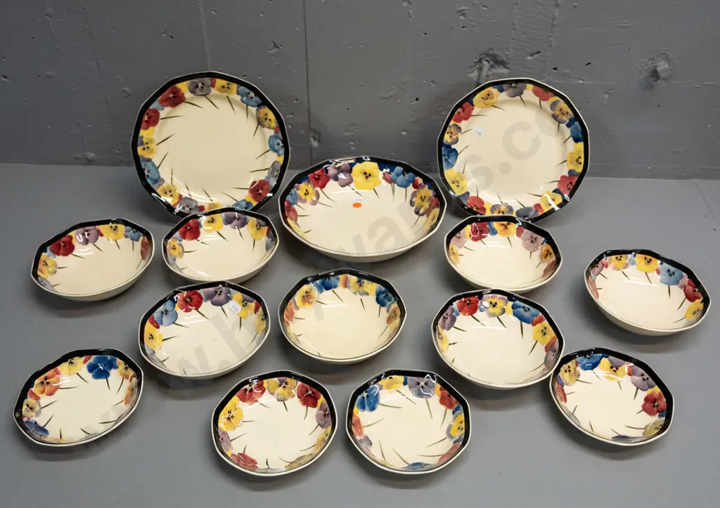 vintage Royal Doulton Pansy tableware - 1 salad bowl D240 2 cake plates, 7 dessert bowls & 4 small bowls - minor crazing Image 1++