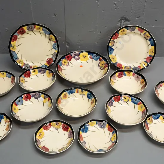 vintage Royal Doulton Pansy tableware - 1 salad bowl D240 2 cake plates, 7 dessert bowls & 4 small bowls - minor crazing