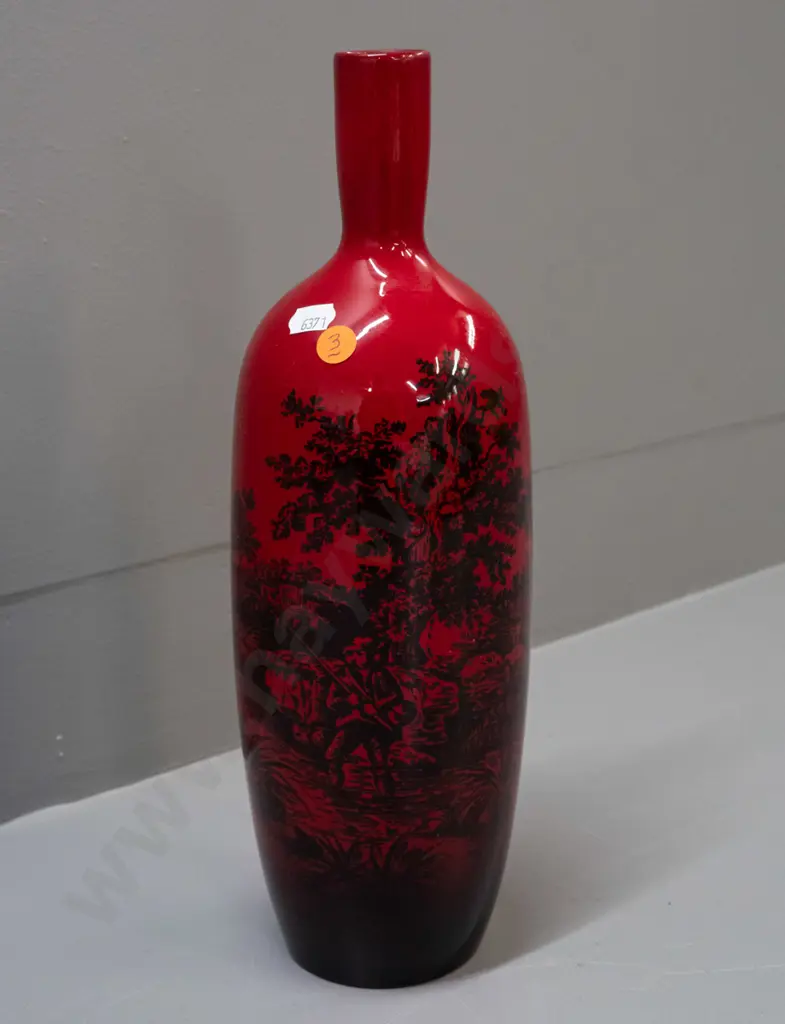 Royal Doulton Flambe woodcut bottle vase - angler with castle. Some minor scratches H-340 Image 1++