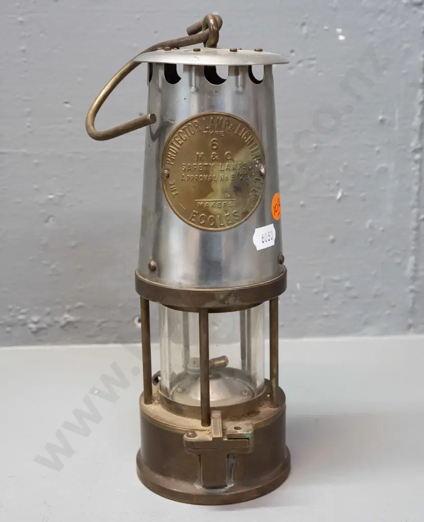 Eccles "Protector Lamp" mining lantern, metal with brass base, glass shade, hanging hook - some corrosion H-250 Image 1++