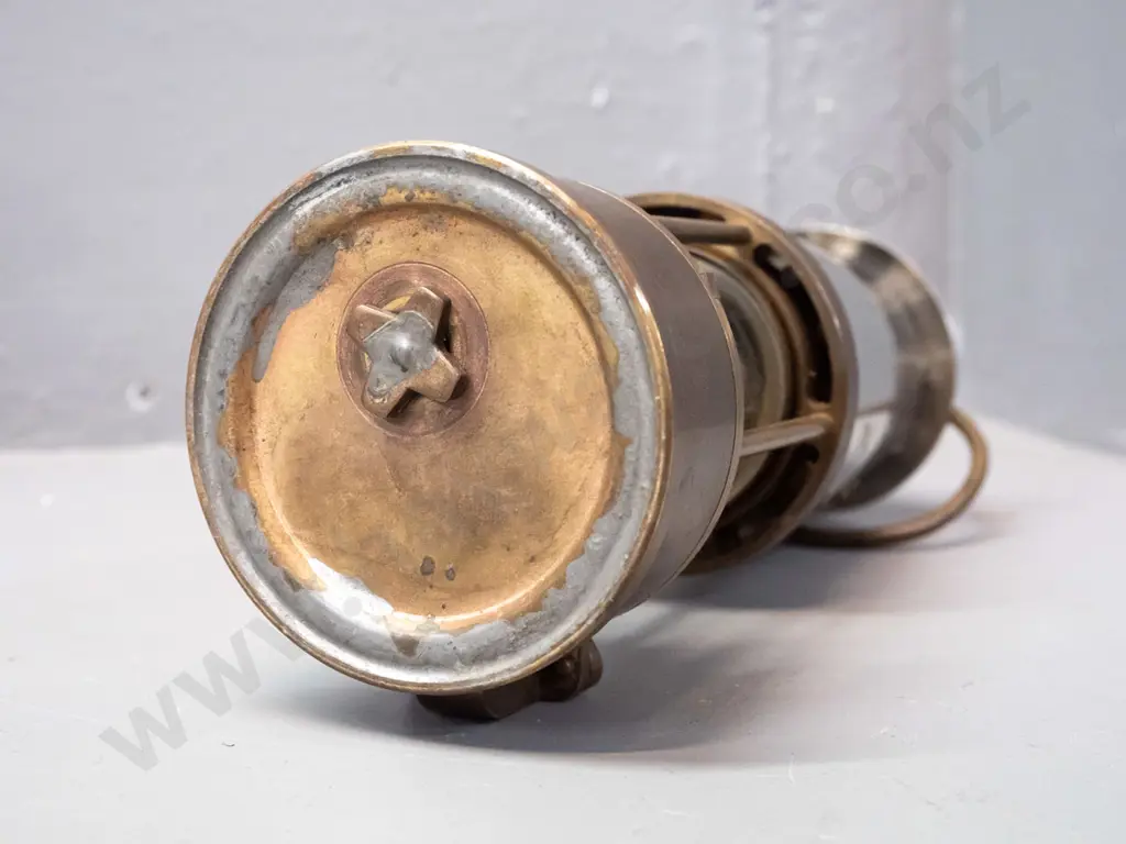 Eccles "Protector Lamp" mining lantern, metal with brass base, glass shade, hanging hook - some corrosion H-250 Image 1++