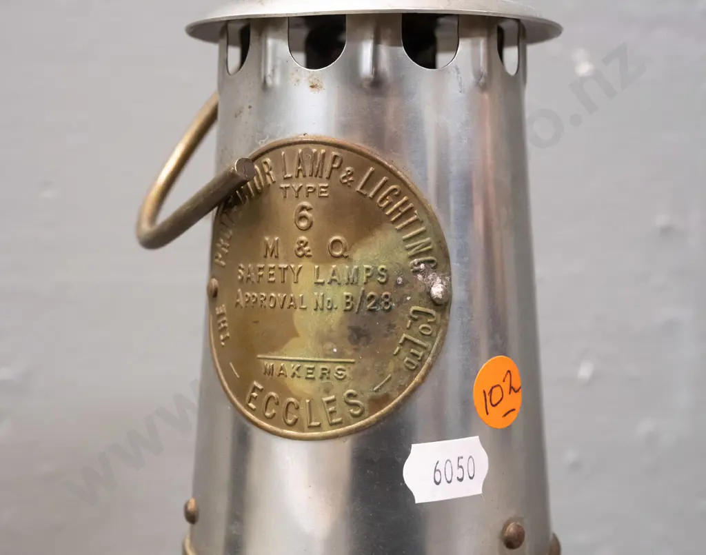 Eccles "Protector Lamp" mining lantern, metal with brass base, glass shade, hanging hook - some corrosion H-250 Image 1++