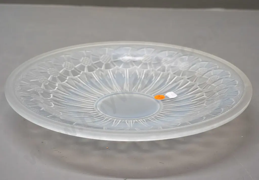 1920s deco floral Etling France frosted opalescent moulded glass plate - some light scratching, tape residue D-300 Image 1++