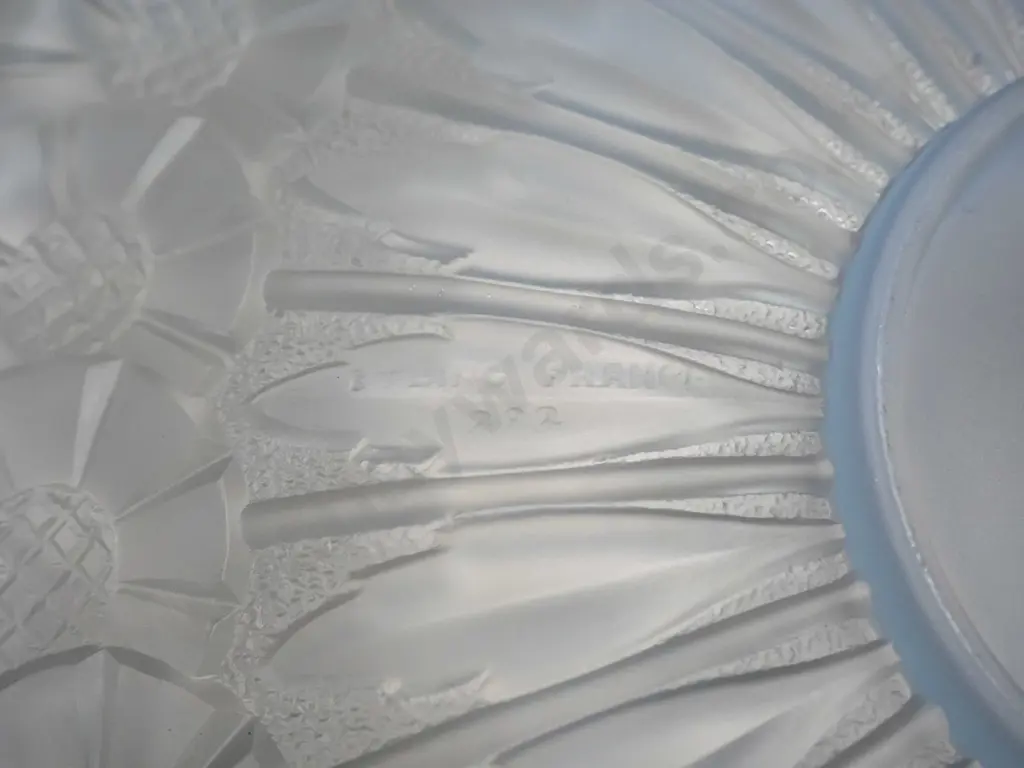 1920s deco floral Etling France frosted opalescent moulded glass plate - some light scratching, tape residue D-300 Image 1++