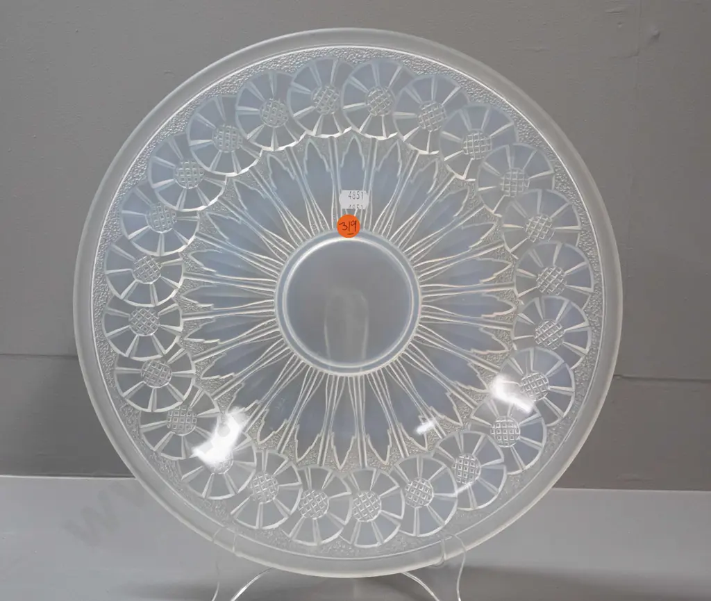 1920s deco floral Etling France frosted opalescent moulded glass plate - some light scratching, tape residue D-300 Image 1++
