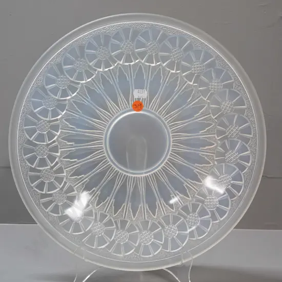 1920s deco floral Etling France frosted opalescent moulded glass plate - some light scratching, tape residue D-300