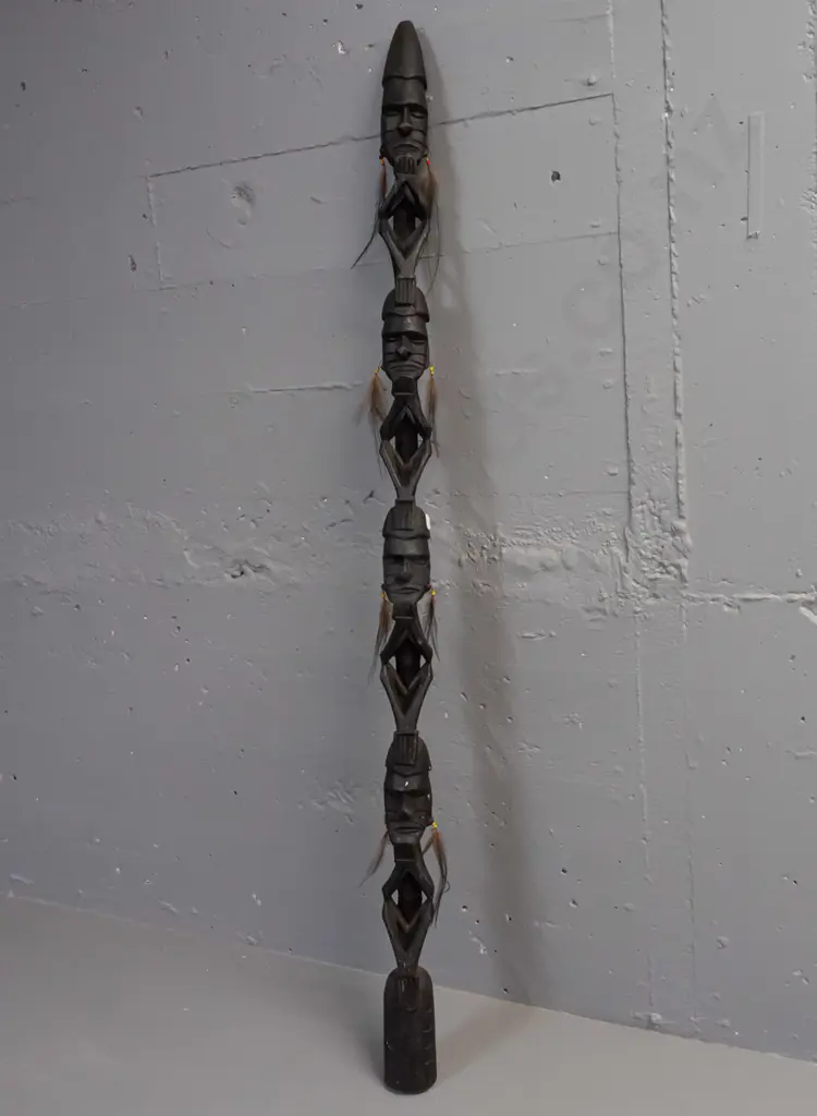 carved timber ceremonial totem or staff with dark stain - 4 heads with feather and bead earrings, unknown origin - wear Image 1++