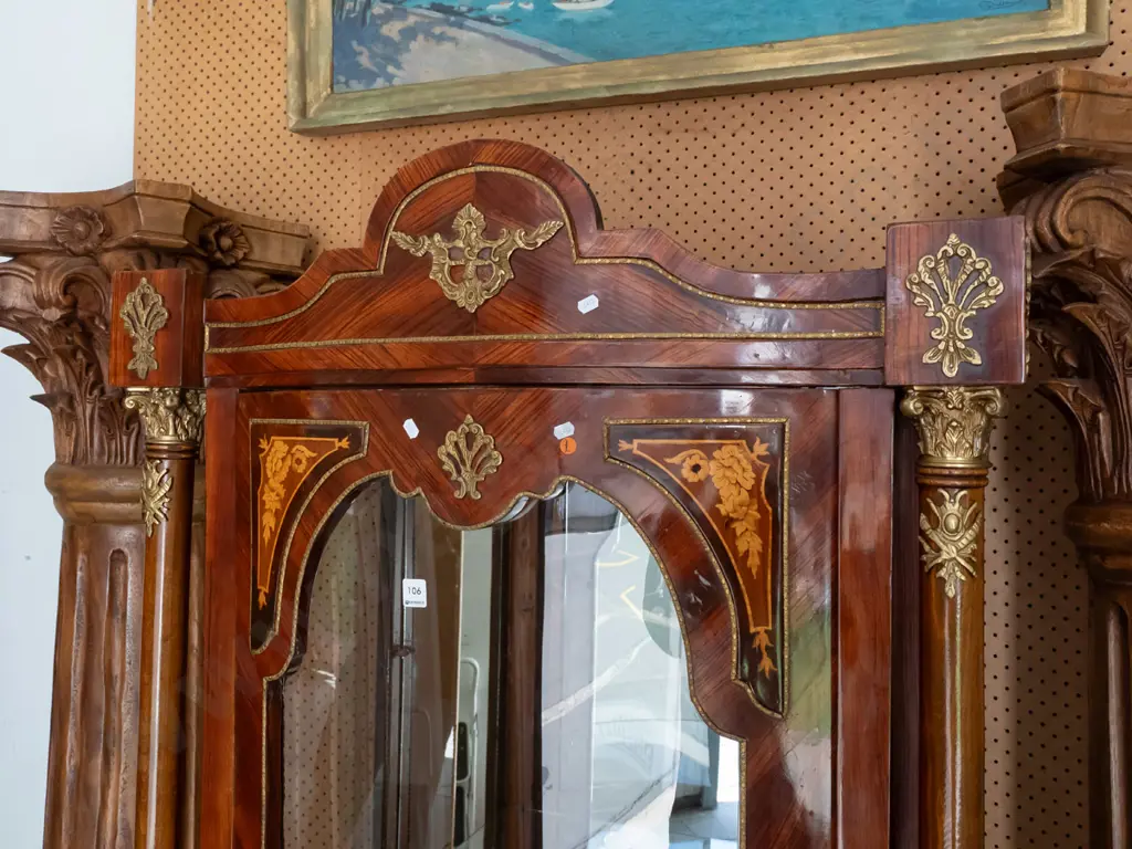 French Empire-style kingwood veneer vitrine with fruitwood inlay panels with single bowed door, glazed sides, mirrored Image 1++