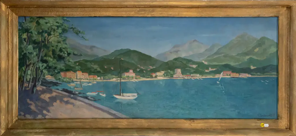 illegible signature - framed oil on canvas - Mediterranean coastal & mountain scene H-380 W--980 Image 1++