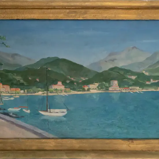 illegible signature - framed oil on canvas - Mediterranean coastal & mountain scene H-380 W--980