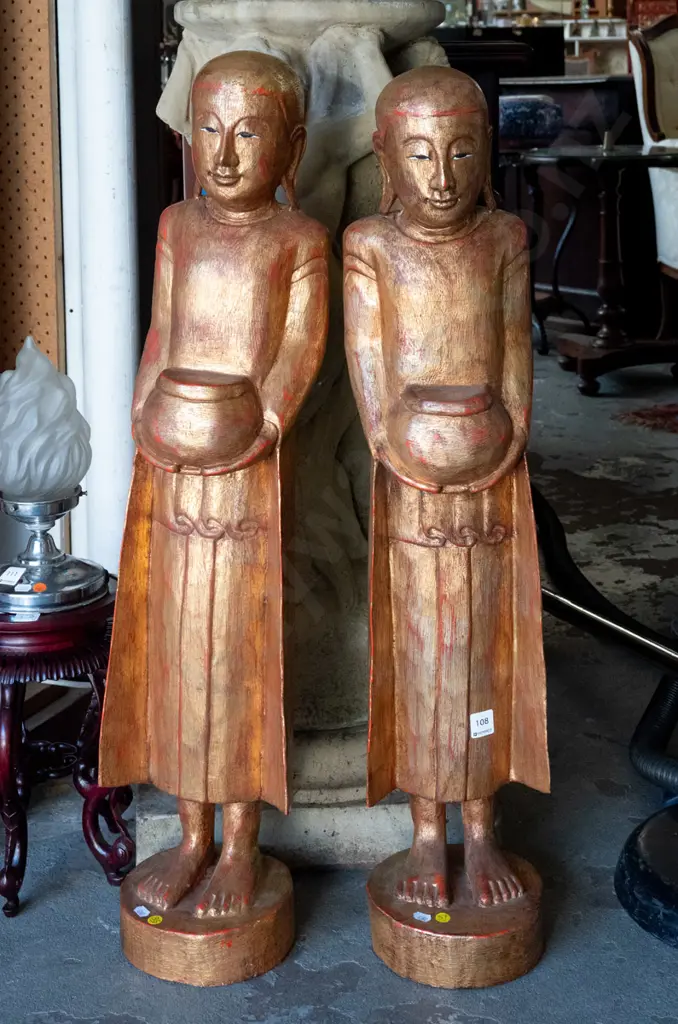 2x large carved wood monk figures - Burmese? - with gilt over red finish H-870, one with crack in base and some bubbling Image 1++