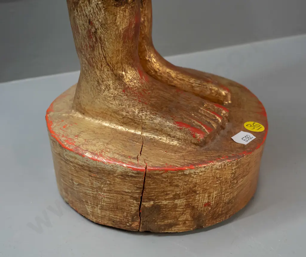 2x large carved wood monk figures - Burmese? - with gilt over red finish H-870, one with crack in base and some bubbling Image 1++