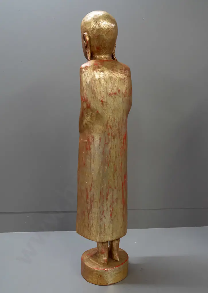 2x large carved wood monk figures - Burmese? - with gilt over red finish H-870, one with crack in base and some bubbling Image 1++