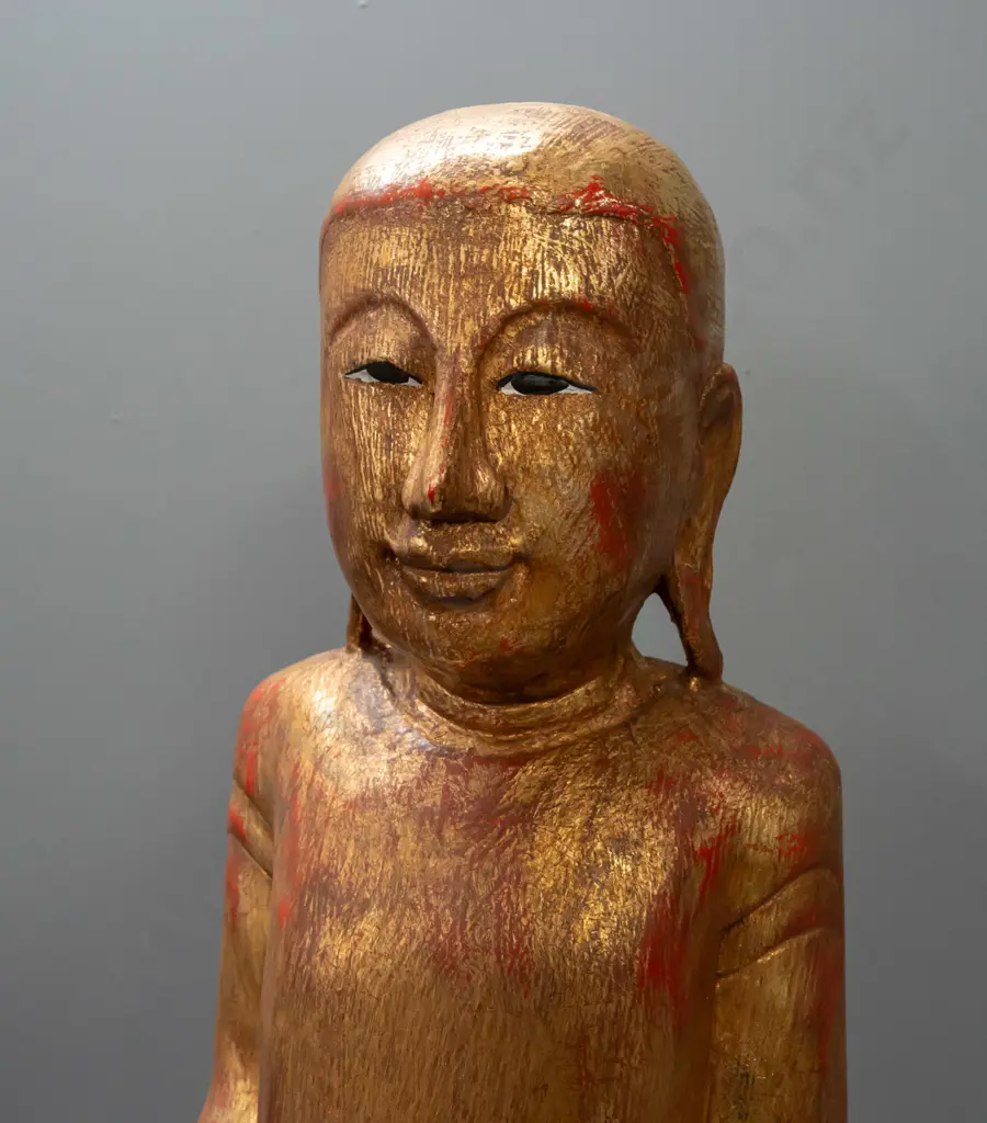 2x large carved wood monk figures - Burmese? - with gilt over red finish H-870, one with crack in base and some bubbling Image 1++
