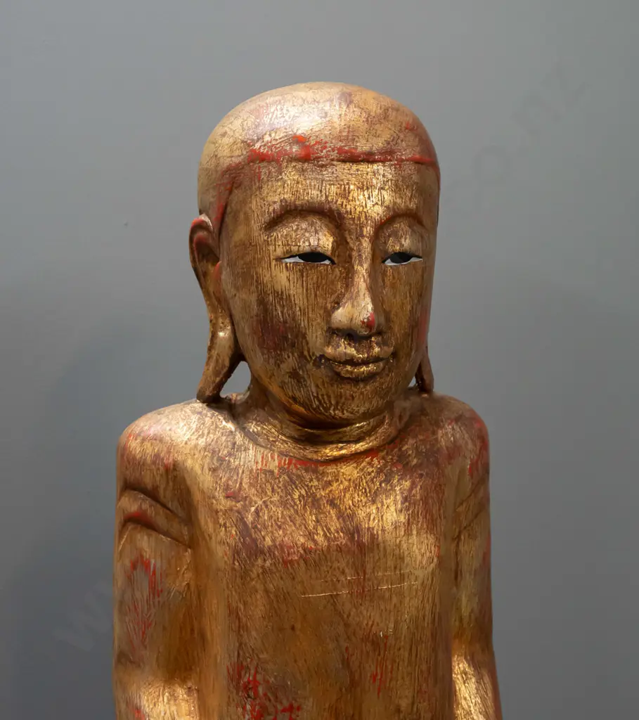 2x large carved wood monk figures - Burmese? - with gilt over red finish H-870, one with crack in base and some bubbling Image 1++