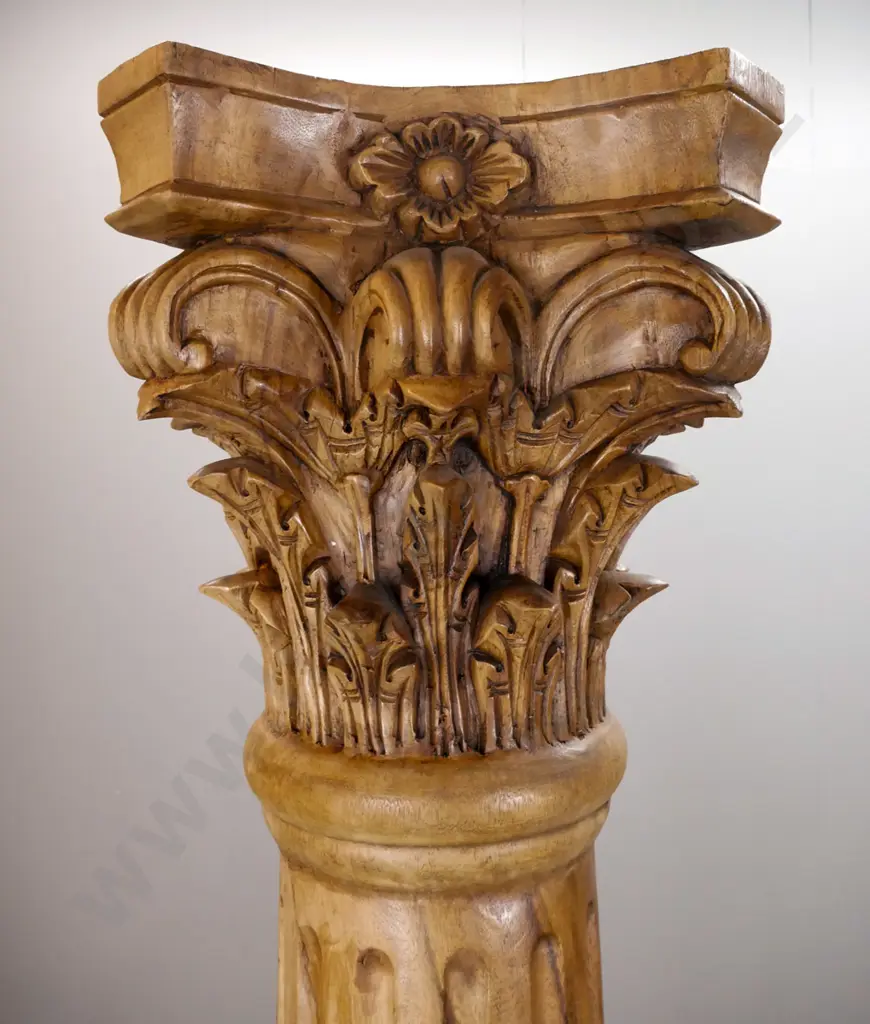 pair of Indonesian mahogany Romanesque columns on square stepped base with carved Corinthian style capital on fluted Image 1++