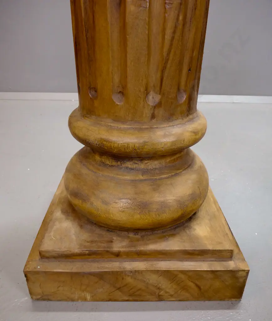 pair of Indonesian mahogany Romanesque columns on square stepped base with carved Corinthian style capital on fluted Image 1++