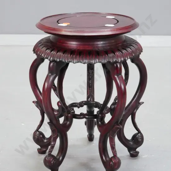 Chinese hardwood small vase stand with pierced and carved decoration, 5 scrolling legs H-310 top is D-210