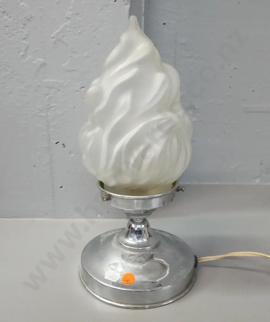 vintage table lamp, circular chrome base with frosted flame-shaped shade. Working with old wiring. Image 1++