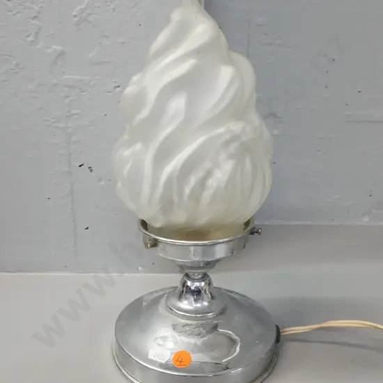 vintage table lamp, circular chrome base with frosted flame-shaped shade. Working with old wiring.