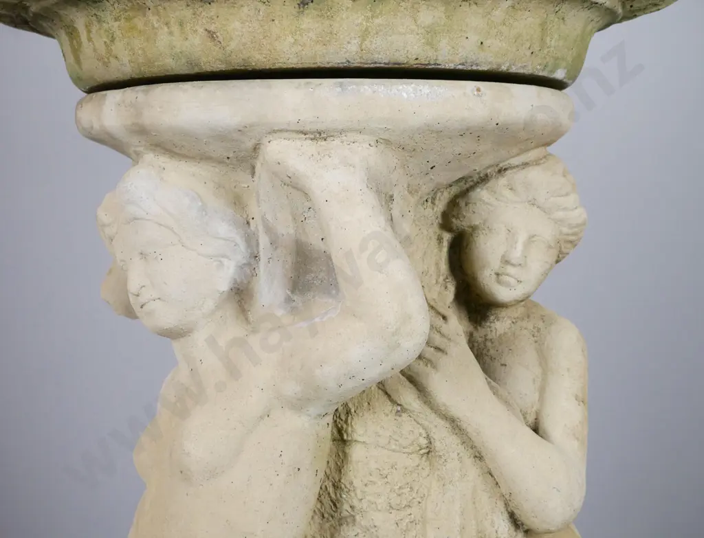 3-piece cast concrete classical style figural fountain / bird bath with square base, 3 graces holding fluted bowl H-1150 Image 1++